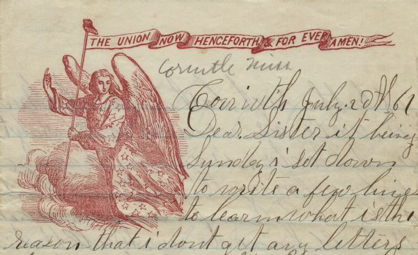 Letterhead with a Winged Victory, wearing a robe printed with stars, and holding a banner on a staff, which reads: "Liberty, The Union Now Henceforth & For Ever Amen!" 4 page, folded, illustration printed on top in red ink on lined paper.