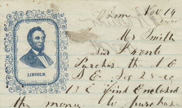 Letterhead featuring a bust of Abraham Lincoln inside a floral frame. 4 page, folded, illustration printed in upper left in blue ink on lined paper.