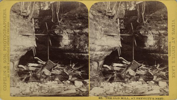 Stereograph of the ruins of an old mill on Skillet Creek at Pewit's Nest. Caption at foot: "88. The Old Mill, at Peewitt's Nest."