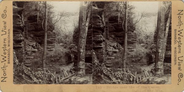 Stereograph of a woman and girl posing partway up a rock formation in the Dells. On the left is a wooden ladder against the rock face. In the foreground is the remains of a bridge structure. Foliage is between the formations. Caption at foot: "140 — Bridge near the of the Canon [sic], Dells of the Wis."