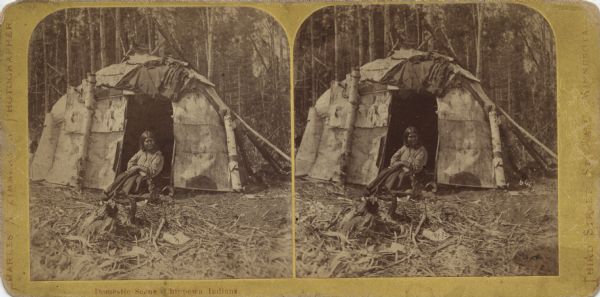 Stereograph of a Chippewa (Ojibwa) woman sitting in the open doorway of a wigwam. She is wearing a dark skirt and patterned blouse. The foreground is covered with dried plant material. A forest is in the background. Caption reads: "Domestic Scene Chippewa Indians." Printed on the front: "Charles A. Zimmerman, Photographer. Third Series, St. Paul, Minnesota."