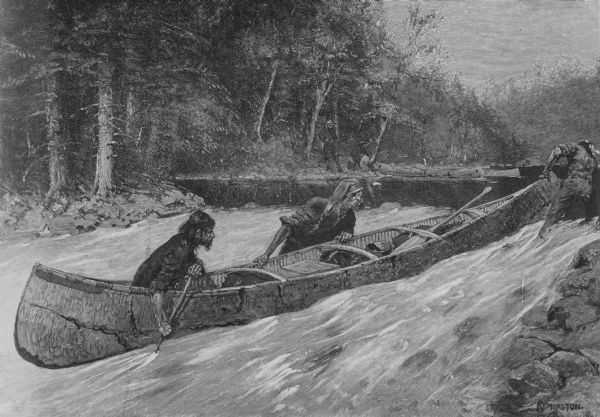 Three men are dragging their canoe upriver through a strong current. In the background other men are standing on the far river bank near canoes pulled up on the shore.