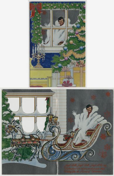 Custom holiday card for the entertainer Liberace. When the card is open, he is sitting outdoors in a horse-drawn sleigh, wearing a white fur coat. When the card is closed, he appears to be waving through a window (die cut holes) in the front flap. The front features his signature candelabra. The text reads: "Jingle Bells, Jingle Bells... Jingle all the way. Oh what fun it is to ride in a one horse open sleigh... Wishing You the Merriest of Christmases." Four color offset lithography over opaque white ink on silver metallic cover stock.