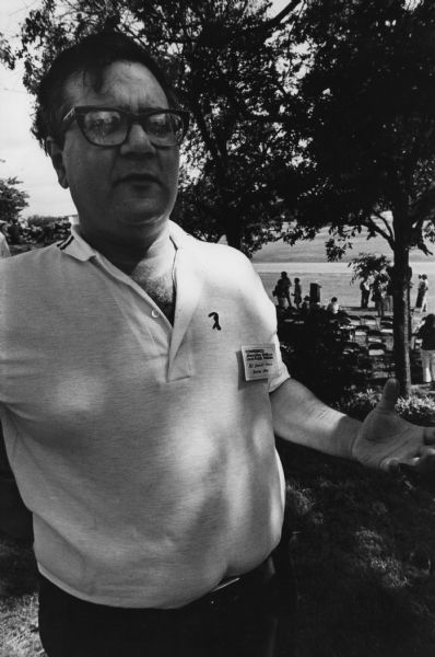 Casual outdoor portrait of Barney Frank, a State Representative from Boston. He was attending the Conference on Alternative State and Local Public Policies held on the St. Edward's University Campus. He went on to serve as a Congressman in the U.S. House of Representatives from 1981 to 2013.
