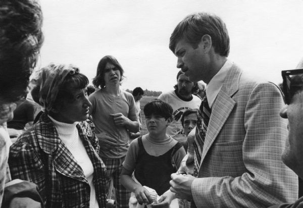Caption on the reverse reads: "David Duke, Grand Dragon of the Baton Rouge Ku Klux Klan trying to recruit South Boston residents, teenagers idolized him, like a white Stokely Carmichael, adults were more reserved." This image was captured during the unrest following court-ordered school desegregation busing.