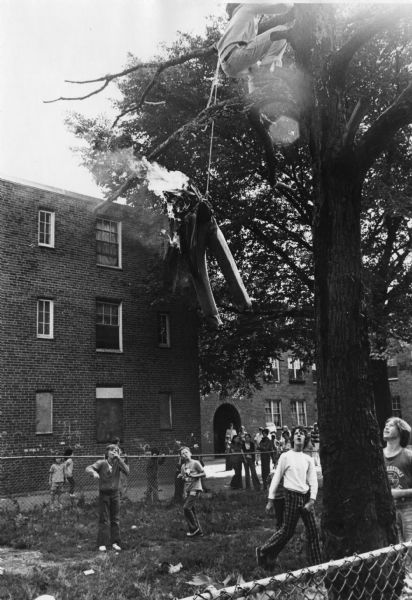 Caption on the reverse reads: "Kids in S. Boston housing project burn the effigy of a black man." The mock-lynching was staged by a group of students in the yard of a housing project. A large number of youth are watching from the ground. and one boy is up in the tree. Many students were not attending school due to the boycott organized as a protest against Boston's desegregation busing project. In the background is a housing project. This image was captured during the unrest following court-ordered school desegregation busing.