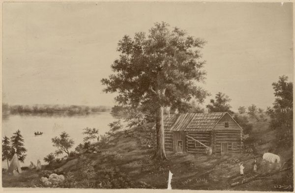 Photograph of a painting of the exterior of the Eben Peck cabin by Mrs. E.E. Bailey. The location of this original painting is unknown.