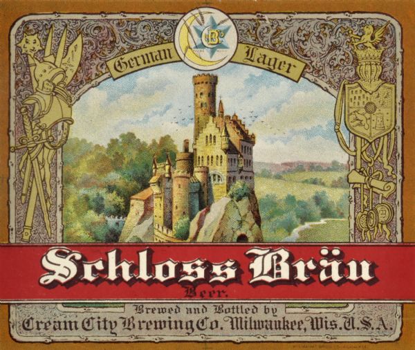 Label submitted to the state of Wisconsin for trademark registration. "Schloss Bräu Beer, German Lager." Cream City Brewery logo which includes a star, crescent moon, shafts of wheat, and the letters CCBO. There is an image of a castle in the center of the label, and suits of armor, a shield, and various types of weapons are displayed on either side along the border.

