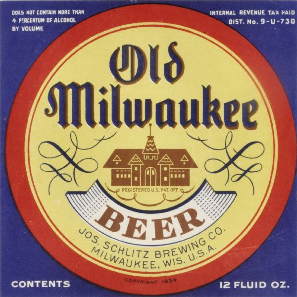 Label submitted to the state of Wisconsin for trademark registration. "Old Milwaukee Beer, Jos. Schlitz Brewing Co." At the center of the label is an image of a building.
