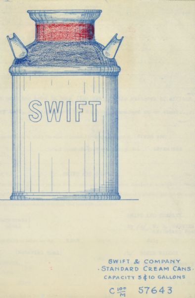 Drawing submitted to the state of Wisconsin for trademark registration. Swift & Company standard cream cans illustration. The shoulders of the cans are painted blue, and the necks red.