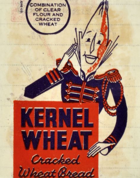 Label submitted to the State of Wisconsin for trademark registration by the M Carpenter Baking Co. The label is in red and blue, and is for cracked wheat bread. Features a caricature of a man with a wheat kernel-shaped head in uniform saluting.