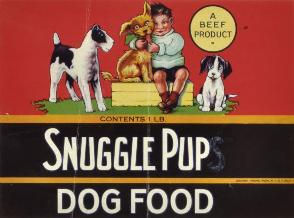 Label submitted to the State of Wisconsin for trademark registration from the Indian Mound Products Co. "Snuggle Pup Dog Food," "A Beef Product." Features a black, orange, and green label with two dogs standing on either side of a boy sitting on a box hugging another dog.