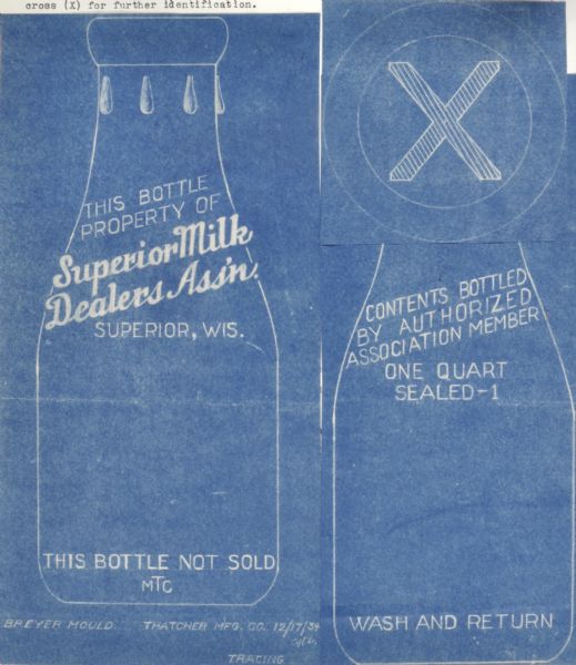 Blueprint submitted to the State of Wisconsin for trademark registration from the Superior Milk Dealers Association. Features a drawing of the bottle and bottle cap design. "Contents Bottled By Authorized Association Member, One Quart, Sealed-1, Wash and Return."