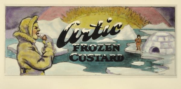 Label submitted to the State of Wisconsin for trademark registration. Features an Eskimo in a yellow coat and hat eating an ice cream cone. In the background across green water is a child standing by an igloo built on ice. There are other floating blocks of ice in the background, and a brilliant yellow and pink sun on the horizon.