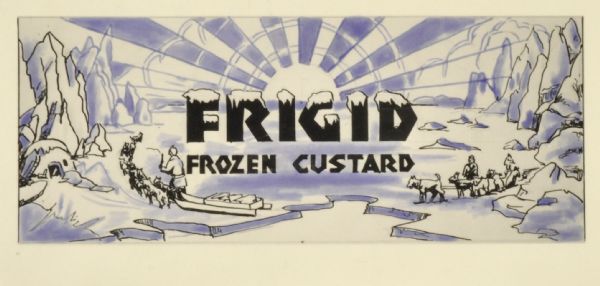 Label submitted to the State of Wisconsin for trademark registration. "Frigid Frozen Custard." Features two men, each driving a dog sled with teams of dogs over the ice. In the background is the sun on the horizon, with nine beams which radiate to the edges of the design. On either side are snow peaks.