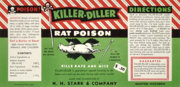 Label submitted to the State of Wisconsin for trademark registration. The red, green and black label features a drawing of a dead rat, with skull and crossbone symbols.