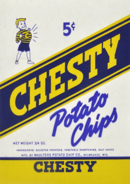 Drawing submitted to the State of Wisconsin for trademark registration. Blue and yellow label for Chesty Potato Chips featuring a drawing of a young boy wearing a sweater with the letter "C" on the chest.