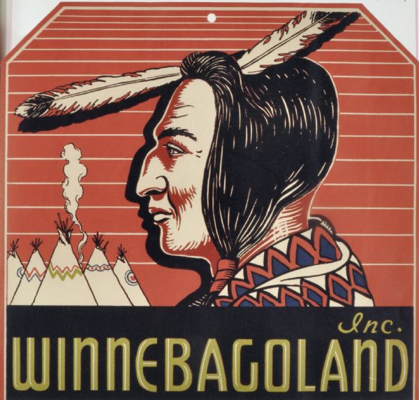 Drawing submitted to the State of Wisconsin for trademark registration. The red, black, and cream label features an original Indian head design, with tipis in the background.