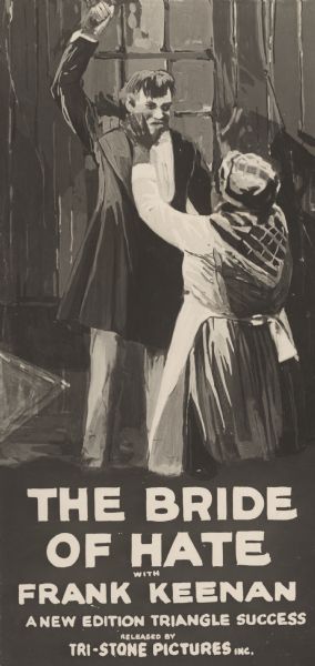 Film still of a movie poster. Shows a scene with two people in conflict: a man with a raised arm and a woman putting up her hands in defense