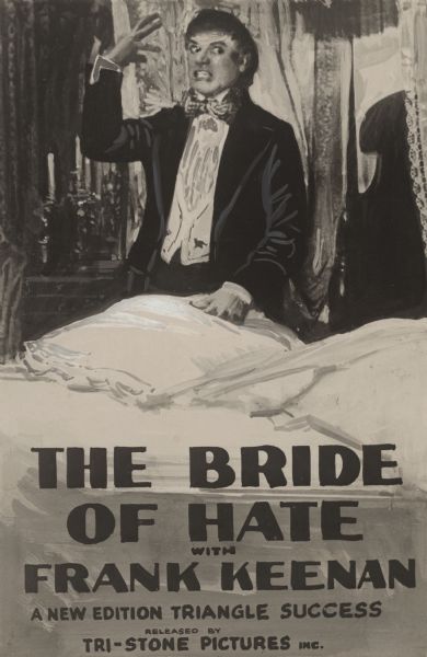 Film still of a movie poster. A well-dressed man with a menacing facial expression and raised arm is standing by a bed, looking into mirror.