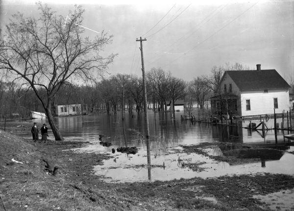 A view of flooding in a residential area. Two women are posing near a tree on the left.