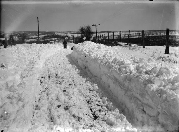 Winter scene of snow-covered road with two men shoveling snow. A dog is standing in the road near the men. The road is lined with fenced fields and telephone and electric poles.