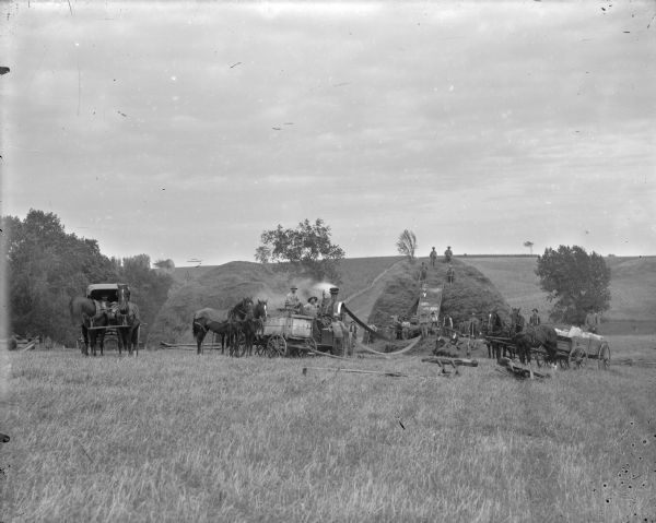 View across field of threshing scene, with steam-powered threshing machine and horse-drawn wagons. A large group of workers pose with men in suits. On the left a man sits with a young child inside a horse-drawn carriage. In the far background behind trees is the top of a windmill.