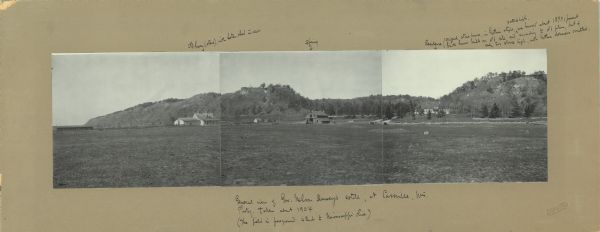 Panoramic view of Governor Nelson Dewey's estate. The left image is of an old stone barn with a shed in the rear. The center image is another barn. The right side image is of the residence. The original three story stone house, Gothic style, burned about 1873. This brick house, built on the old site according to the old plan, is only two stories high with the Gothic dormers omitted. The field in the foreground extends to the Mississippi River.