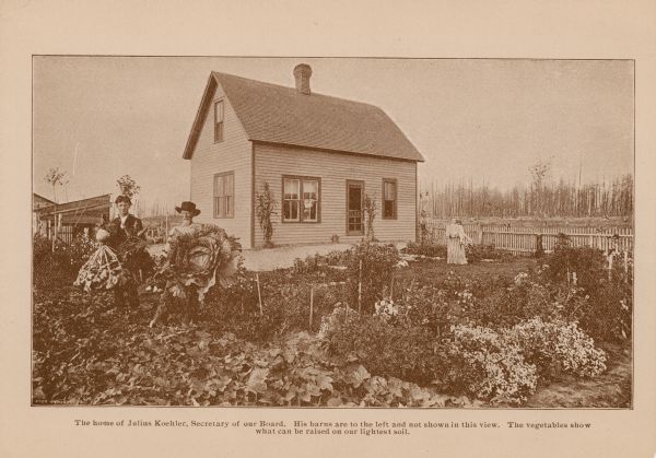 A promotional card created to promote agricultural land in northern Wisconsin. This piece displays Julius Koehler, a man, and a woman in the flourishing garden outside Koehler's home.<p>The caption reads, "The home of Julius Koehler, Secretary of our Board. His barns are to the left and not shown in this view. The vegetables show what can be raised on our lightest soil."