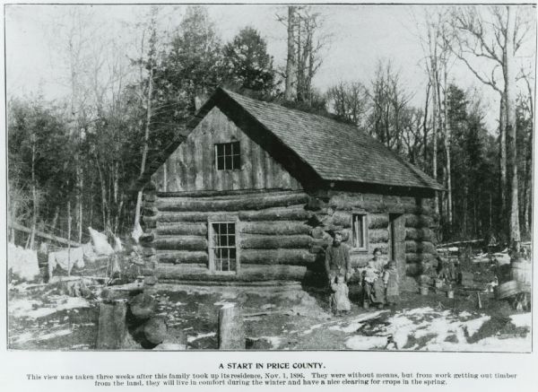 One of many promotional cards created to attract farmers to the agricultural land in northern Wisconsin. This card shows a family outside their home in the winter.<p>The caption bellow the photography reads: "This view was taken after this family took up its residence, November 1st, 1896. They were without means, but from work getting out timber from the land, they will live in comfort during the winter and have a nice clearing for crops in the spring."</p>
