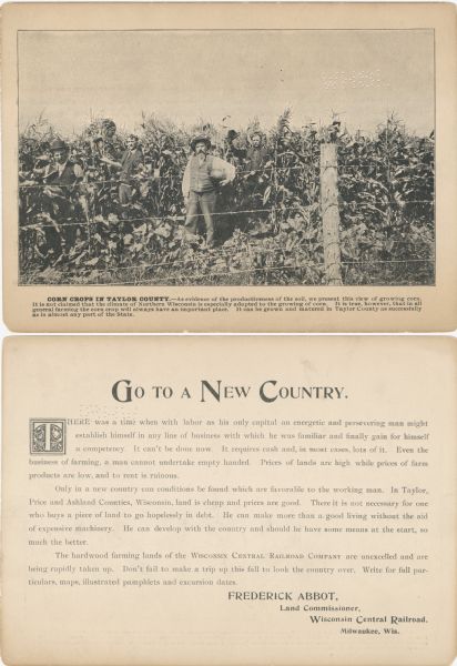 The front (top) and back (bottom) of a promotional cards showing the plentiful corn crops of John Carstens, created to attract farmers to the agricultural land in northern Wisconsin.<p>The caption bellow the photography reads, "CORN CROPS IN TAYLOR COUNTY - As evidence of the productiveness of the soil, we present this view of growing corn. It is not claimed that the climate of Northern Wisconsin is especially adapted to the growing of corn. It is true, however, that in all general farming the corn crop will always have an important place. It can be grown and matured in Taylor County as successfully as in almost any part of the State."<p>The reverse side reads: "Go to a New Country."<p>There was a time when with labor as his only capitol an energetic and preserving man might establish himself in any business with which he was familiar and finally gain for himself a competency. It can't be done now. It requires cash and, in most cases, lots of it. Even the business of farming, a man cannot undertake empty handed. Prices of lands are high while prices of farm products are low, and to rent is ruinous.<p>Only in a new country can conditions be found  which are favorable to the working man. In Taylor, Price, and Ashland Counties, Wisconsin land is cheap and prices are good. There it is not necessary for one who buys a piece of land to go hopelessly in debt. He can make more than a good living without the aid of expensive machinery. He can develop with the country and should he have some means at the start, so, much the better.<p>The hardwood farming lands of the WISCONSIN CENTRAL RAILROAD COMPANY are unexcelled and are being rapidly taken up. Don't fail up make a trip up this fall to look the country over. Write for full particulars, maps, illustrated pamphlets and excursion dates."</p>