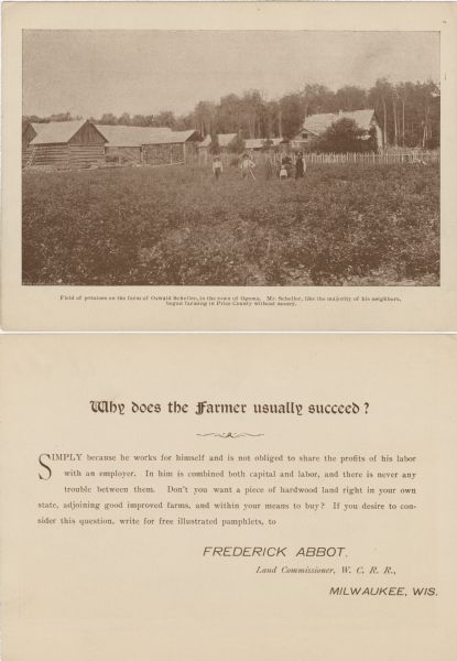 A promotional card depicting Oswald Scheller and his family on their farm in northern Wisconsin.<p>The caption below the image reads: "Field of potatoes on the farm of Oswald Scheller, in the town of Ogema. Mr. Scheller, like the majority of his neighbors, began farming in Price County without money."</p>