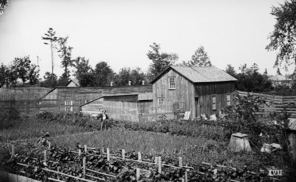 Elevated view of man posing in a fenced garden outside a house and storage buildings.