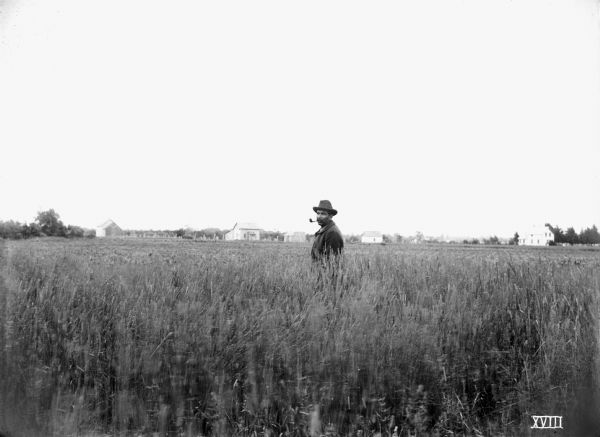A farmer smoking a pipe while standing in his field. In the background are farm buildings.