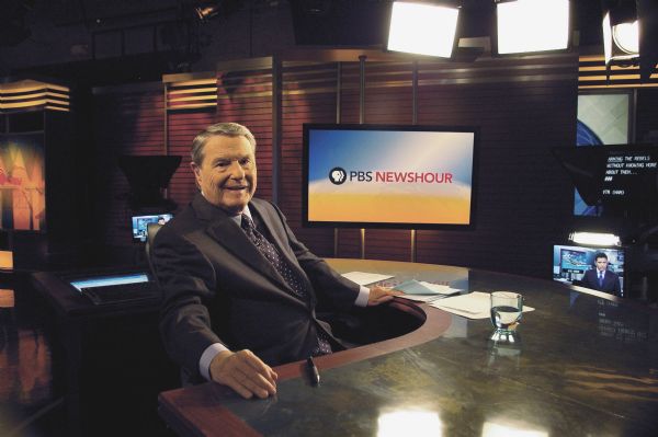 An on-set portrait of PBS NewsHour co-anchor Jim Lehrer.