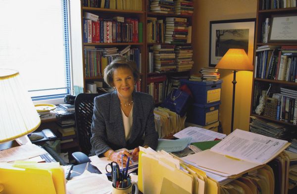 Portrait of PBS NewsHour co-anchor Margaret Warner in her office.
