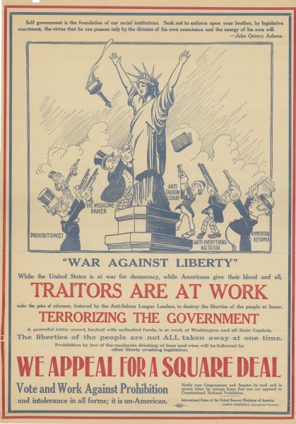 A cartoon  drawing of the statue of liberty with her hands in the air and her torch falling towards the ground. Below her are six men pointing guns at her. Each man is meant to represent forces that are "destroying" liberty. The men are labeled as follows: "Prohibitionist," "Pat. Medicine Faker," "Anti-Saloon League," "Anti-Everything Agitator" and "Hypocritical Reformer."