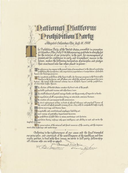 Document outlining the platform of the Prohibition party. The document is decorated with scrollwork and calligraphy.