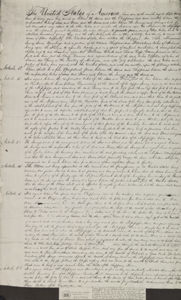 Beginning page of the Treaty between the United States and the Chippewa, Sauk, Fox, Menominee, Iowa, Sioux, Winnebago and a portion of the Ottawa, Chippewa, and Potawatomi Tribes of Indians living upon the Illinois, signed at Prairie des Chiens, in the Territory of Michigan on August 19, 1825.