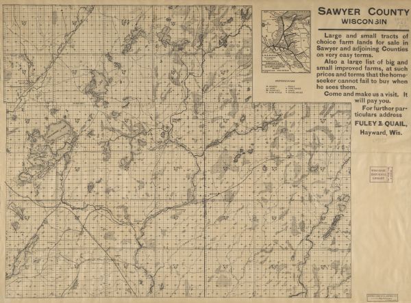 Map of Sawyer County with an advertisement for land sales through Fuley & Quail of Hayward, Wisconsin. There is a small inset map of railroads accessible in the region.