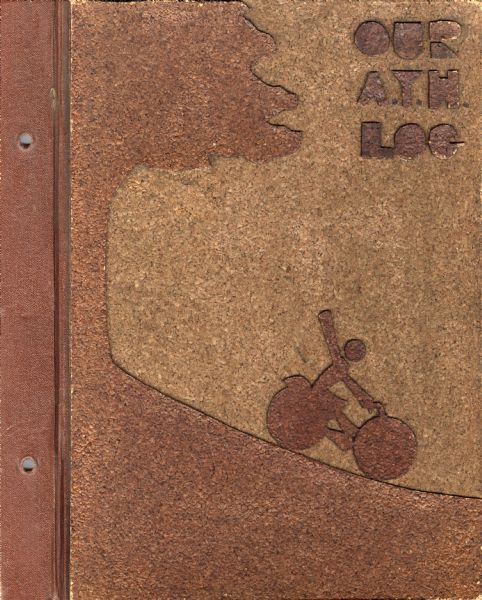 Front cover of the American Youth Hostel log book of bike hostel trips taken by participants in a Neighborhood House summer program for girls (later trips were developed for groups of boys as well). The cover is made of layers of cork in three different shades.