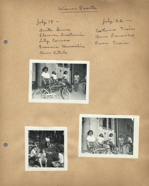 Page from the log book of bike hosteling trips sponsored by Neighborhood House. Trip participants were Anita Genna, Florence Quartuccio, Lily Caruso, Francis Musachia [Musachio], Ann Vitale, Catherine Troia, Ann Donorico, and Rose Troia.