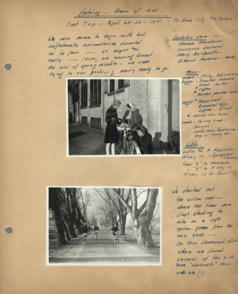 Page from the Neighborhood House log book for the first bike hosteling trip of the 1941 season to Sauk City, with three girls securing packs to a bike in front of Neighborhood House, and a view of them riding down the road toward the camera on their bicycles. Trip participants were Theresa Manderino [Mandarino?], Vincenza Raimond, Mary Baldarotta [Baldarotto?], and teacher Eleanor Foreman.