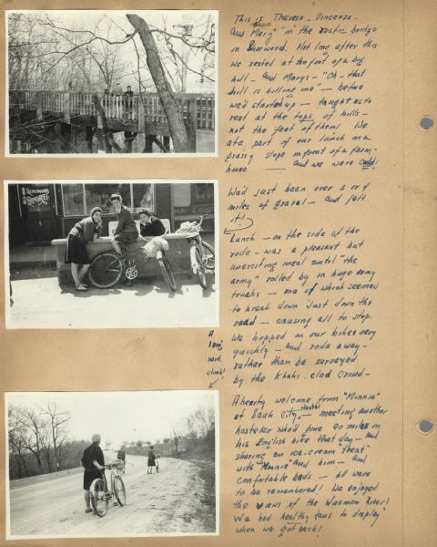 Page with more images of the first trip of the 1941 season from the Neighborhood House log book of bike hosteling excursions, with Theresa Manderino, Vincenza Raimond, and Mary Baldarotta standing on a bridge in Shorewood Hills, resting in front of a store, and walking or riding their bikes down the road away from the camera.