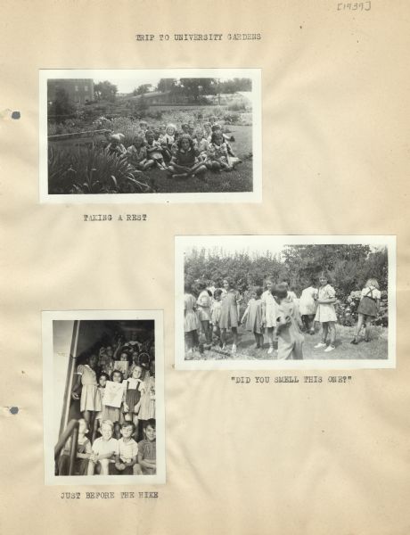 Page from the Garden Club record book kept by Neighborhood House, with boys and girls resting, exploring the flowers, and posing before a hike, during a field trip to University Gardens.