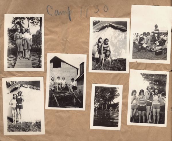 Page from the Tansy Camp Fire Girls album kept by Neighborhood House, with groups of girls posing at the end of a pier, in front of tents, on the remains of a wagon, in the water, standing amidst suitcases and a railroad car, and dressed in swimming attire. The Camp Fire Council at Neighborhood House was formed in 1926.