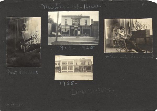 First page of an album kept by Neighborhood House, with individual images of head resident Gay Braxton, second resident Mary Lee Griggs, and two exterior views of the settlement house at 768 W. Washington Avenue (1921-1926 and 1926).