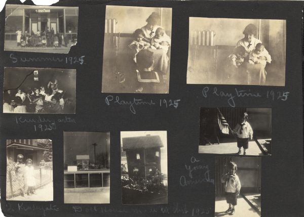 Page from an album kept by Neighborhood House, with images of infants and young children being cared for at the settlement house, including a group outside the Infant Welfare Clinic, playtime, kindergarten, a doll house made at a club, and a toddler holding an American flag.