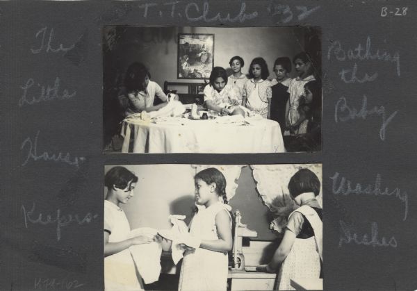 Page from a scrapbook kept by Neighborhood House, with girls in the T.T. Club performing household duties. One image shows club members practicing bathing a baby, and the other image is of girls washing and drying dishes.