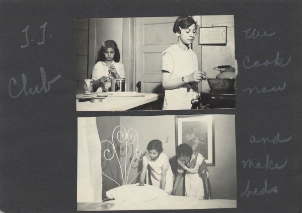 Page from a scrapbook kept by Neighborhood House, with two images of T.T. Club members. On image shows girls using a hand beater and stirring a pot on the stove ("We cook now"), and two girls making a bed.